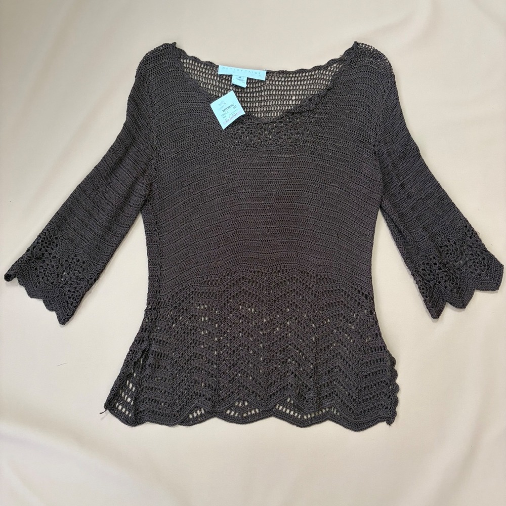Bette Paige Crochet Knit‎ Sweater 3/4 Sleeve Scalloped Hem M Festival Boho Fairy